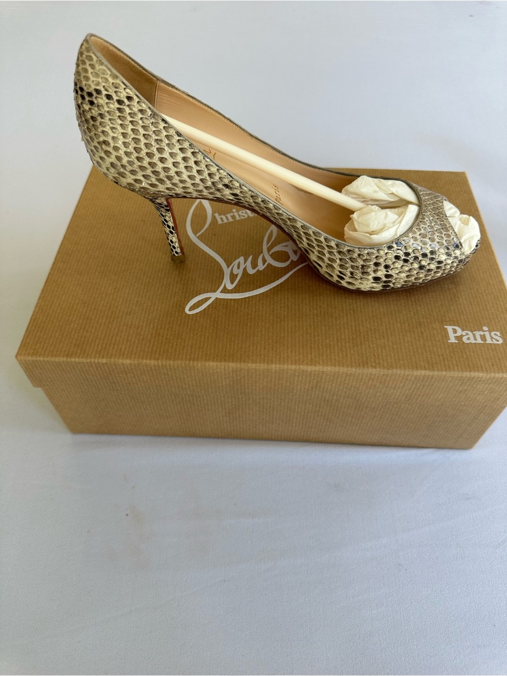 Christian Louboutin Genuine Python Peep-Toe Kitten Heel Tan, Brown & Black 36.5